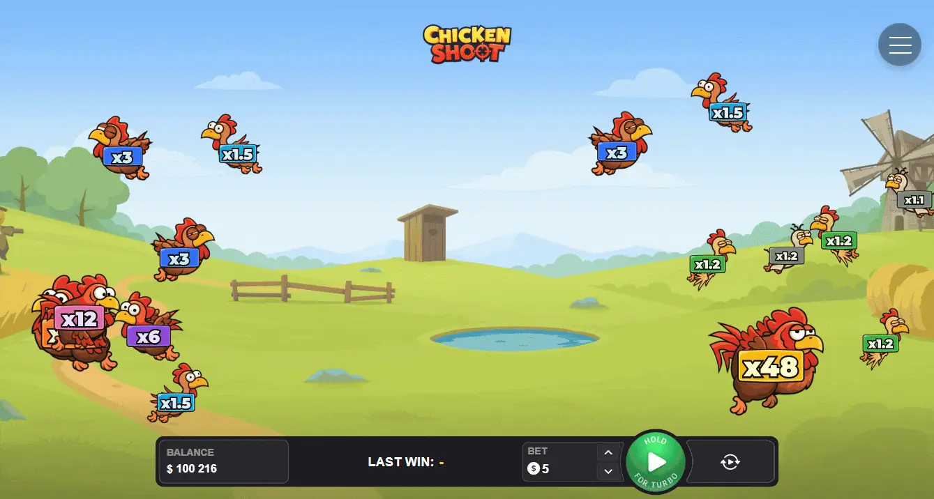 Chicken Shoot gameplay: cartoon chickens flying over a farm field with live multipliers