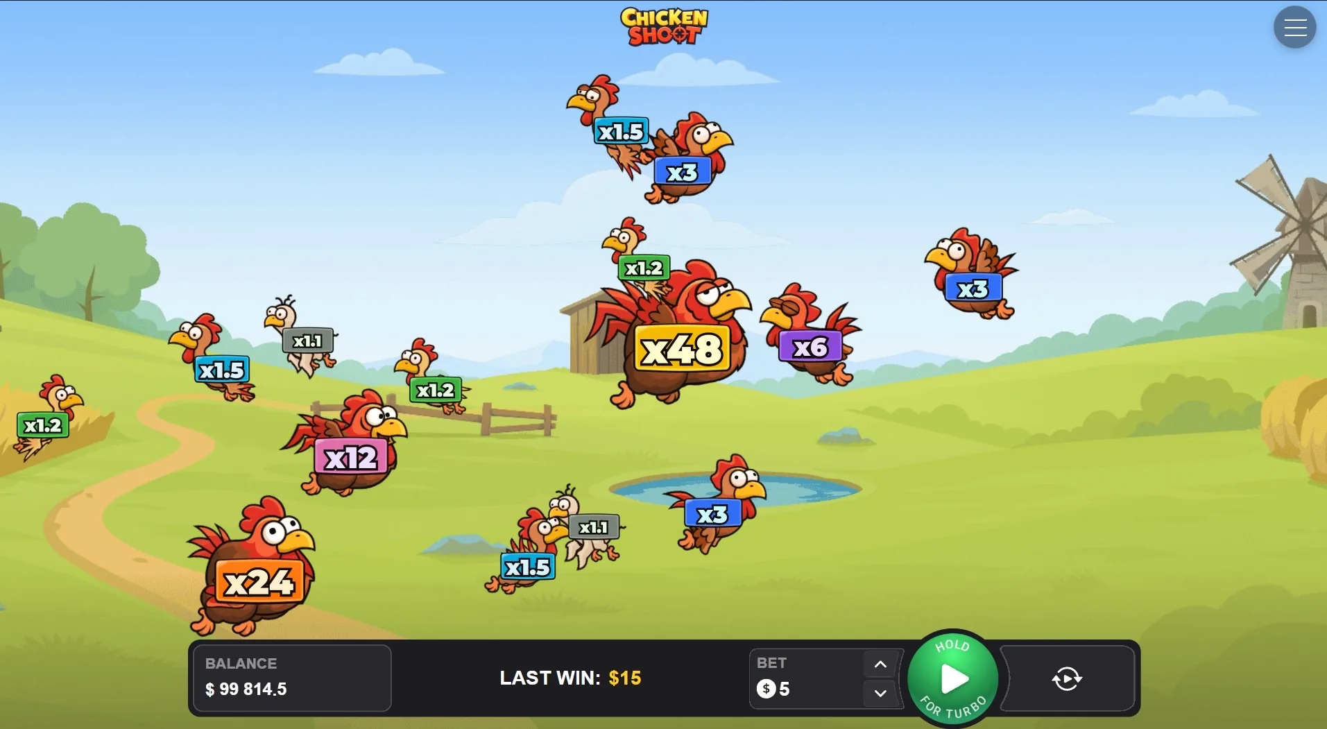 Chicken Shoot desktop: chickens tagged from 1.1x to 48x over a farm with a windmill