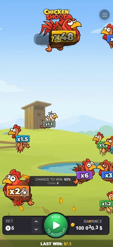Chicken Shoot on a phone: farm field, flying chickens and a chance-to-win overlay
