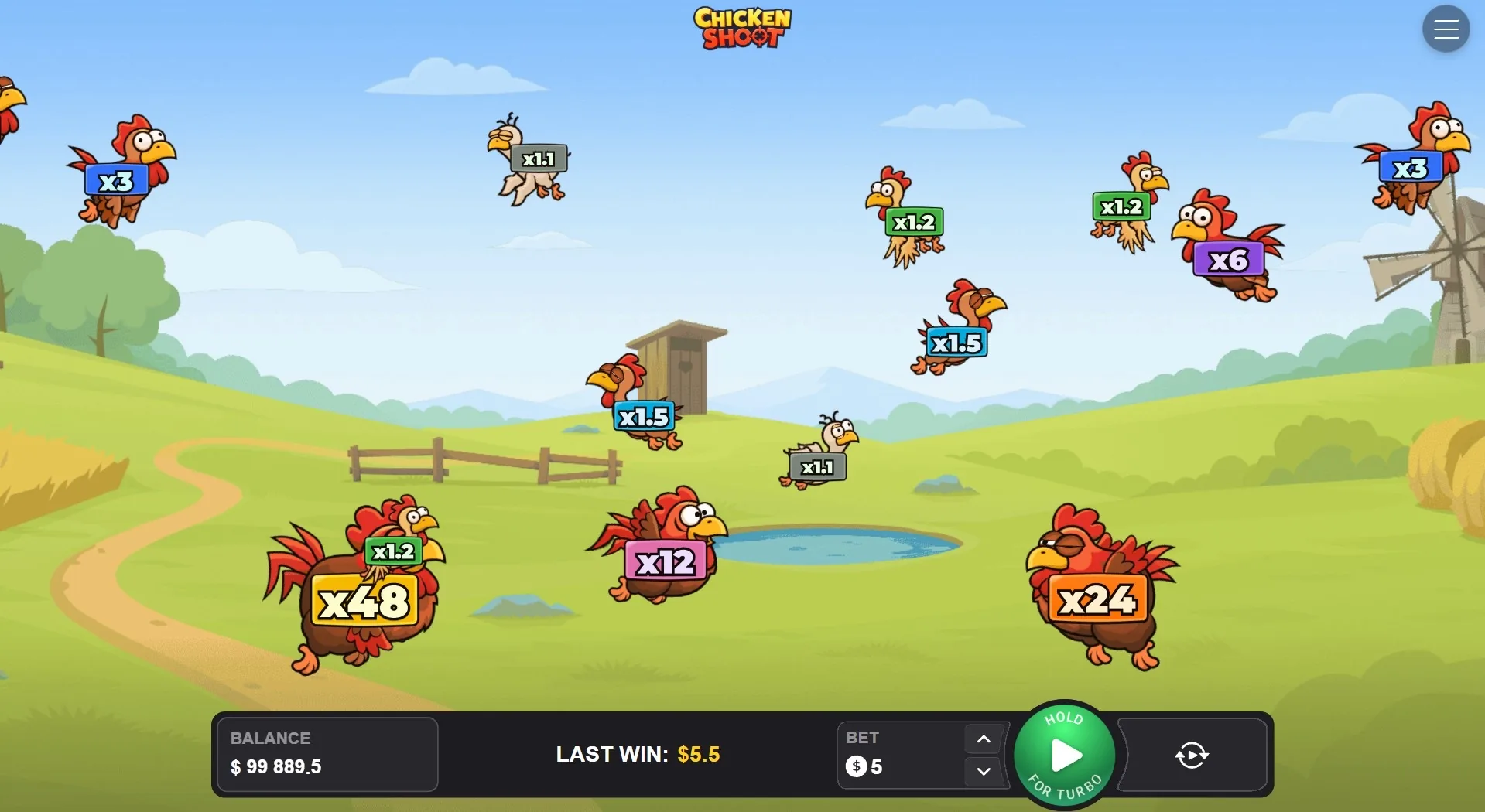 Chicken Shoot widescreen: clustered multipliers including x12, x24 and x48